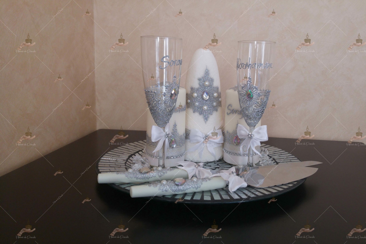 coffret mariés, mariée, bougie, henna, henné, fiançailles, hlel, mariage, paris, 78, île-de-france, idf, kit, plateau, candels, wedding, day, gants, coton, cérémonie, panier, coussin, urne, personnalisation, personnalisé