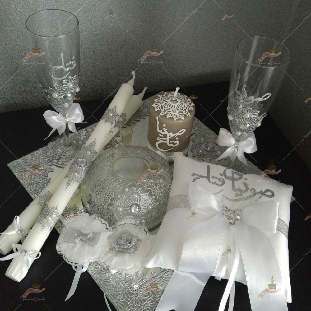 kit coffret pas cher décoration bougie cierge personnalisée prénom déco coussin alliance urne pelle couteau ile-de-France coton pack personnalisation prix panier complet plateau fête envoie france