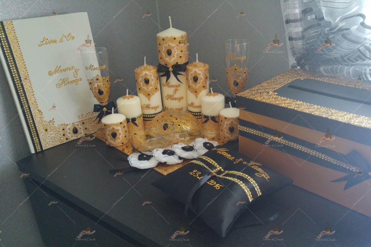 coffret mariés, mariée, bougie, henna, henné, fiançailles, hlel, mariage, paris, 78, île-de-france, idf, kit, plateau, candels, wedding, day, gants, coton, cérémonie, panier, coussin, urne, personnalisation, personnalisé