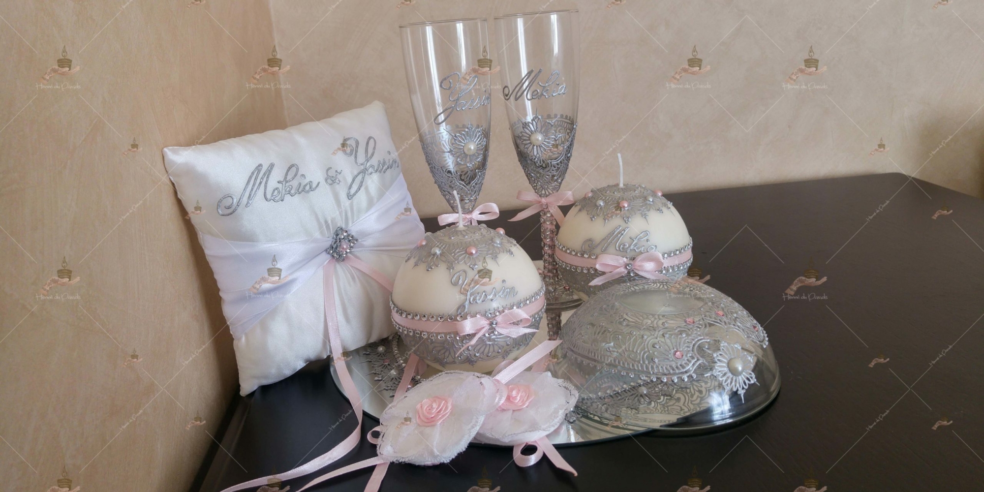 coffret mariés, mariée, bougie, henna, henné, fiançailles, hlel, mariage, paris, 78, île-de-france, idf, kit, plateau, candels, wedding, day, gants, coton, cérémonie, panier, coussin, urne, personnalisation, personnalisé