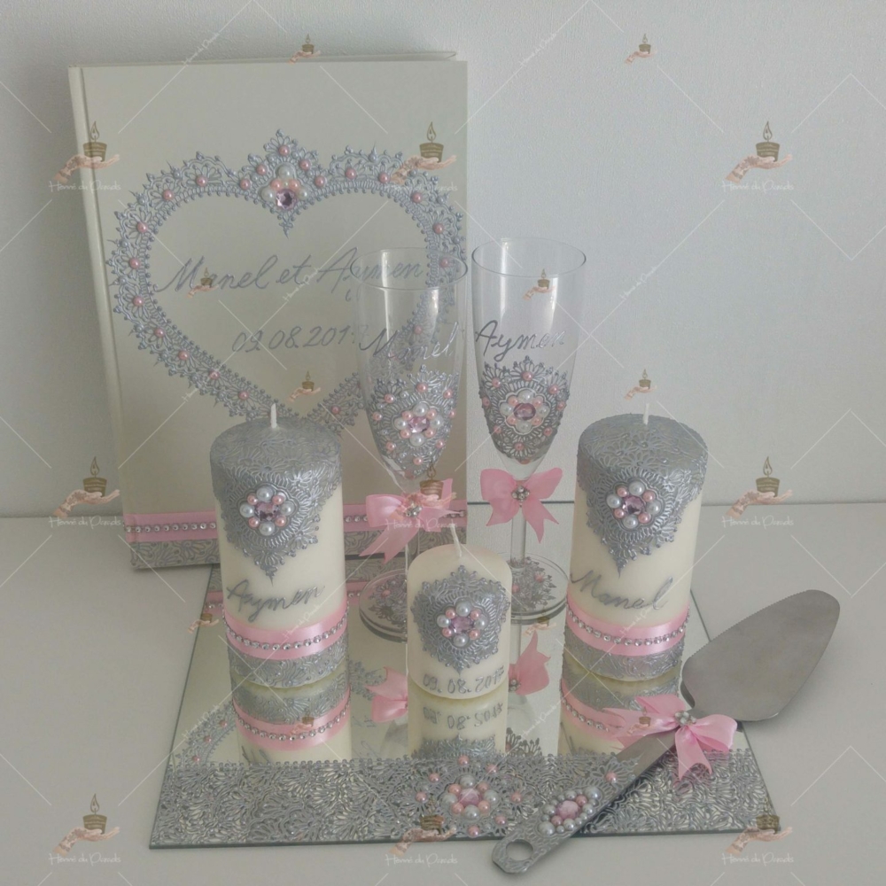 kit coffret pas cher décoration bougie cierge personnalisée prénom déco coussin alliance urne pelle couteau ile-de-France coton pack personnalisation prix panier complet plateau fête envoie france