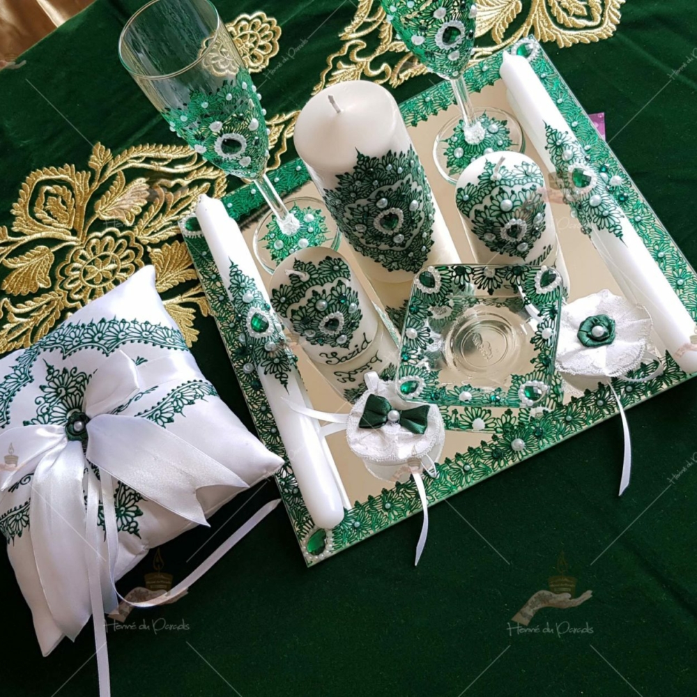 coffret mariés, mariée, bougie, henna, henné, fiançailles, hlel, mariage, paris, 78, île-de-france, idf, kit, plateau, candels, wedding, day, gants, coton, cérémonie, panier, coussin, urne, personnalisation, personnalisé