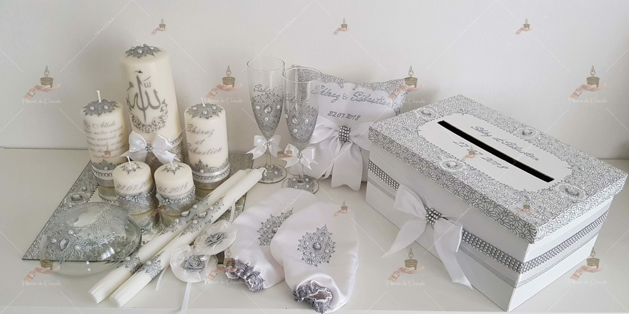 kit coffret pas cher décoration bougie cierge personnalisée prénom déco coussin alliance urne pelle couteau ile-de-France coton pack personnalisation prix panier complet plateau fête envoie france