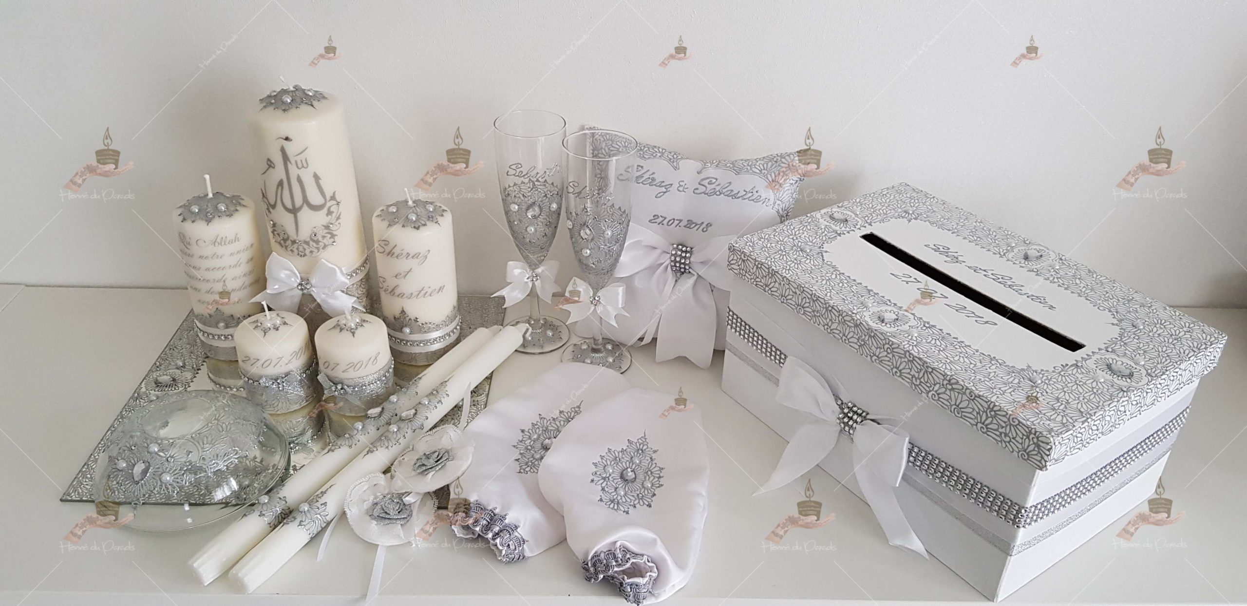 coffret mariés, mariée, bougie, henna, henné, fiançailles, hlel, mariage, paris, 78, île-de-france, idf, kit, plateau, candels, wedding, day, gants, coton, cérémonie, panier, coussin, urne, personnalisation, personnalisé