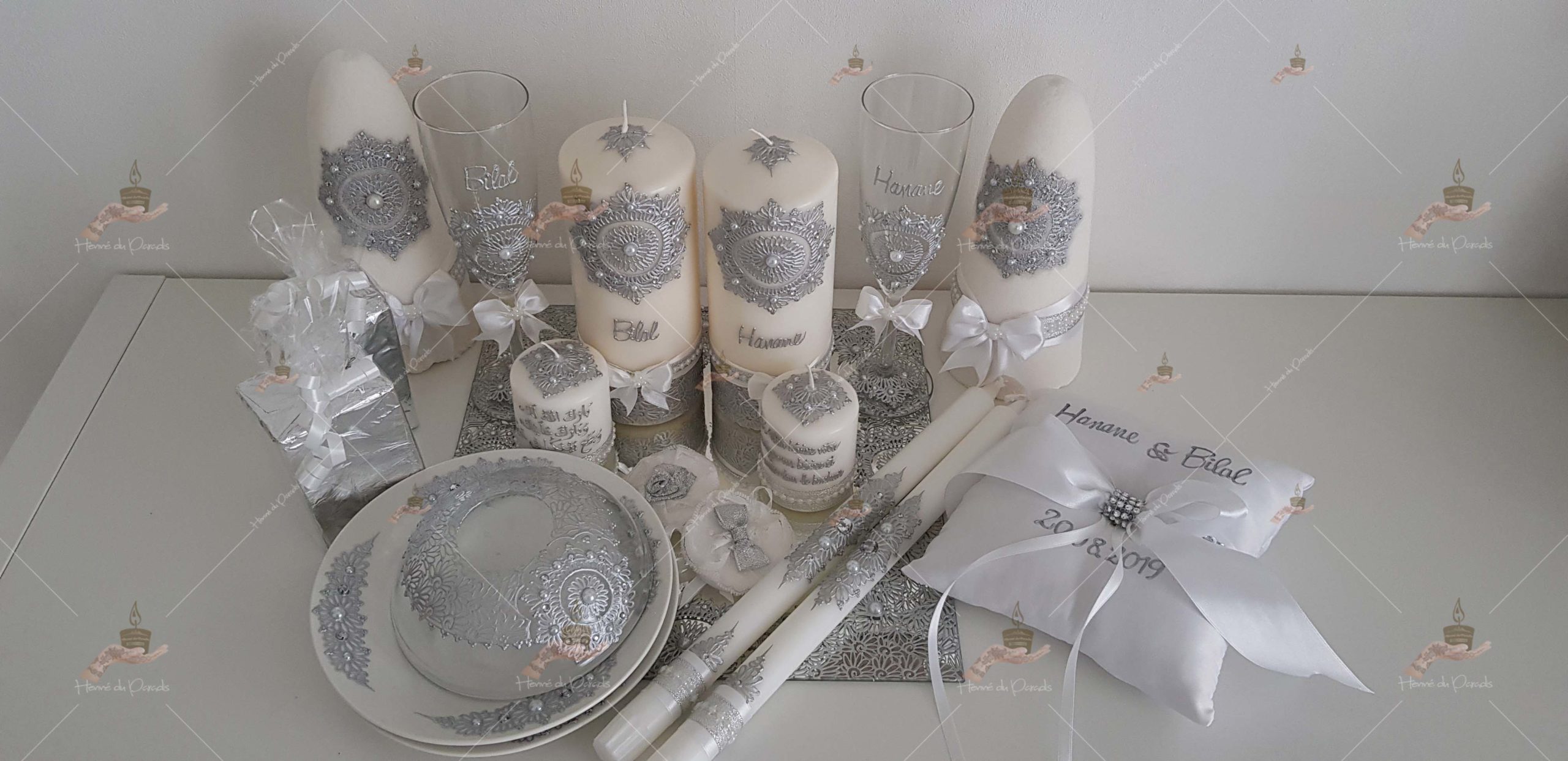 coffret mariés, mariée, bougie, henna, henné, fiançailles, hlel, mariage, paris, 78, île-de-france, idf, kit, plateau, candels, wedding, day, gants, coton, cérémonie, panier, coussin, urne, personnalisation, personnalisé