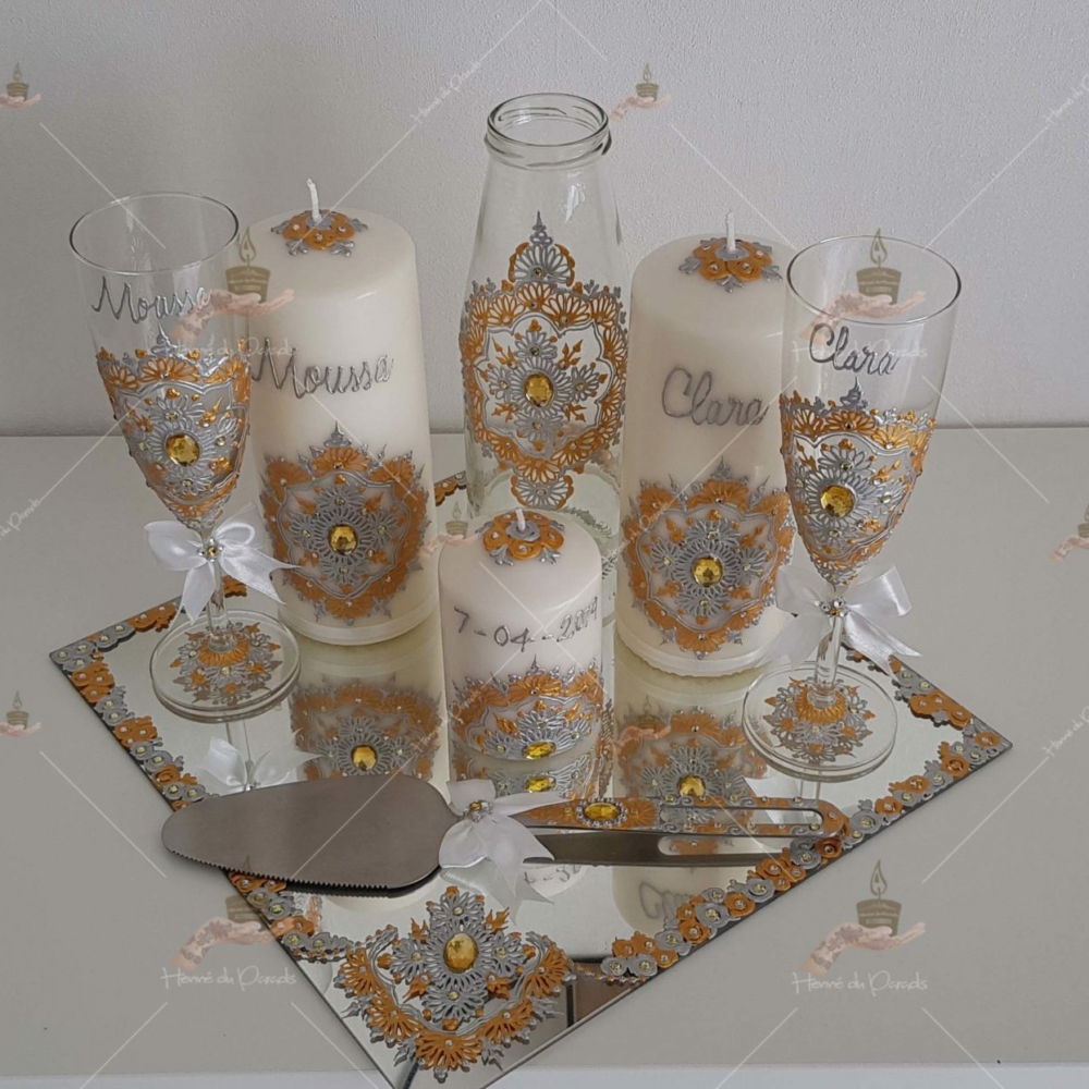 coffret mariés, mariée, bougie, henna, henné, fiançailles, hlel, mariage, paris, 78, île-de-france, idf, kit, plateau, candels, wedding, day, gants, coton, cérémonie, panier, coussin, urne, personnalisation, personnalisé