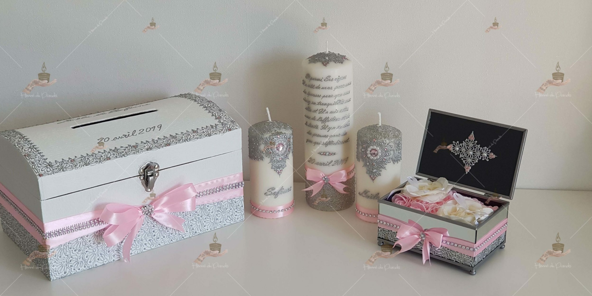 kit coffret pas cher décoration bougie cierge personnalisée prénom déco coussin alliance urne pelle couteau ile-de-France coton pack personnalisation prix panier complet plateau fête envoie france