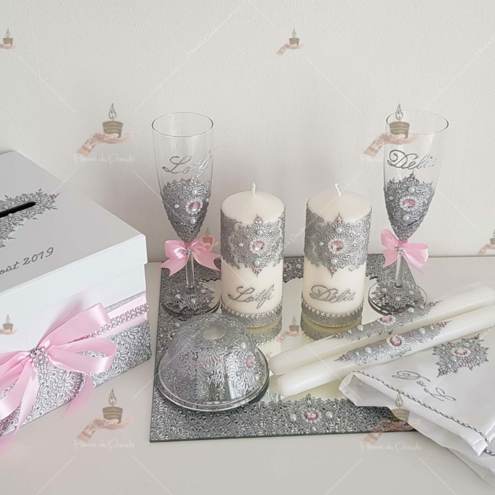 coffret mariés, mariée, bougie, henna, henné, fiançailles, hlel, mariage, paris, 78, île-de-france, idf, kit, plateau, candels, wedding, day, gants, coton, cérémonie, panier, coussin, urne, personnalisation, personnalisé