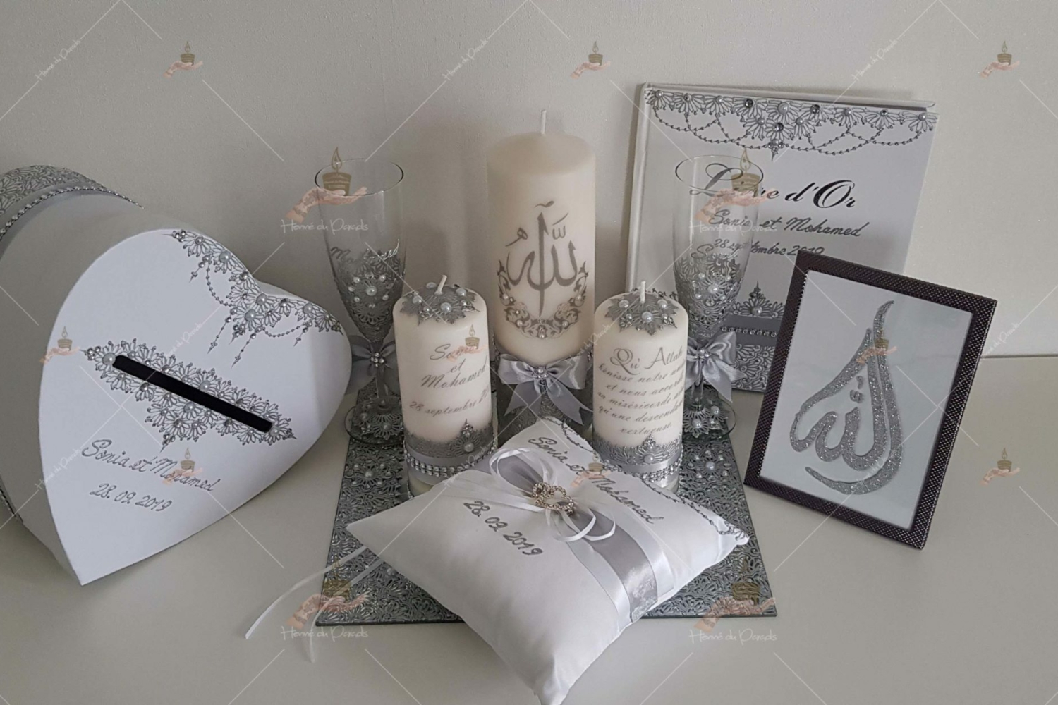 coffret mariés, mariée, bougie, henna, henné, fiançailles, hlel, mariage, paris, 78, île-de-france, idf, kit, plateau, candels, wedding, day, gants, coton, cérémonie, panier, coussin, urne, personnalisation, personnalisé