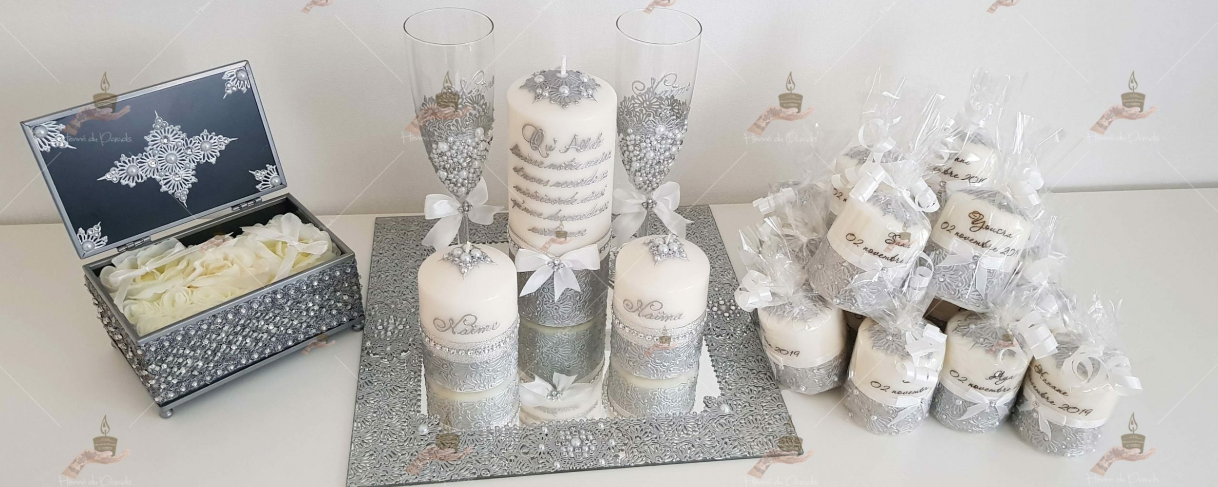 coffret mariés, mariée, bougie, henna, henné, fiançailles, hlel, mariage, paris, 78, île-de-france, idf, kit, plateau, candels, wedding, day, gants, coton, cérémonie, panier, coussin, urne, personnalisation, personnalisé