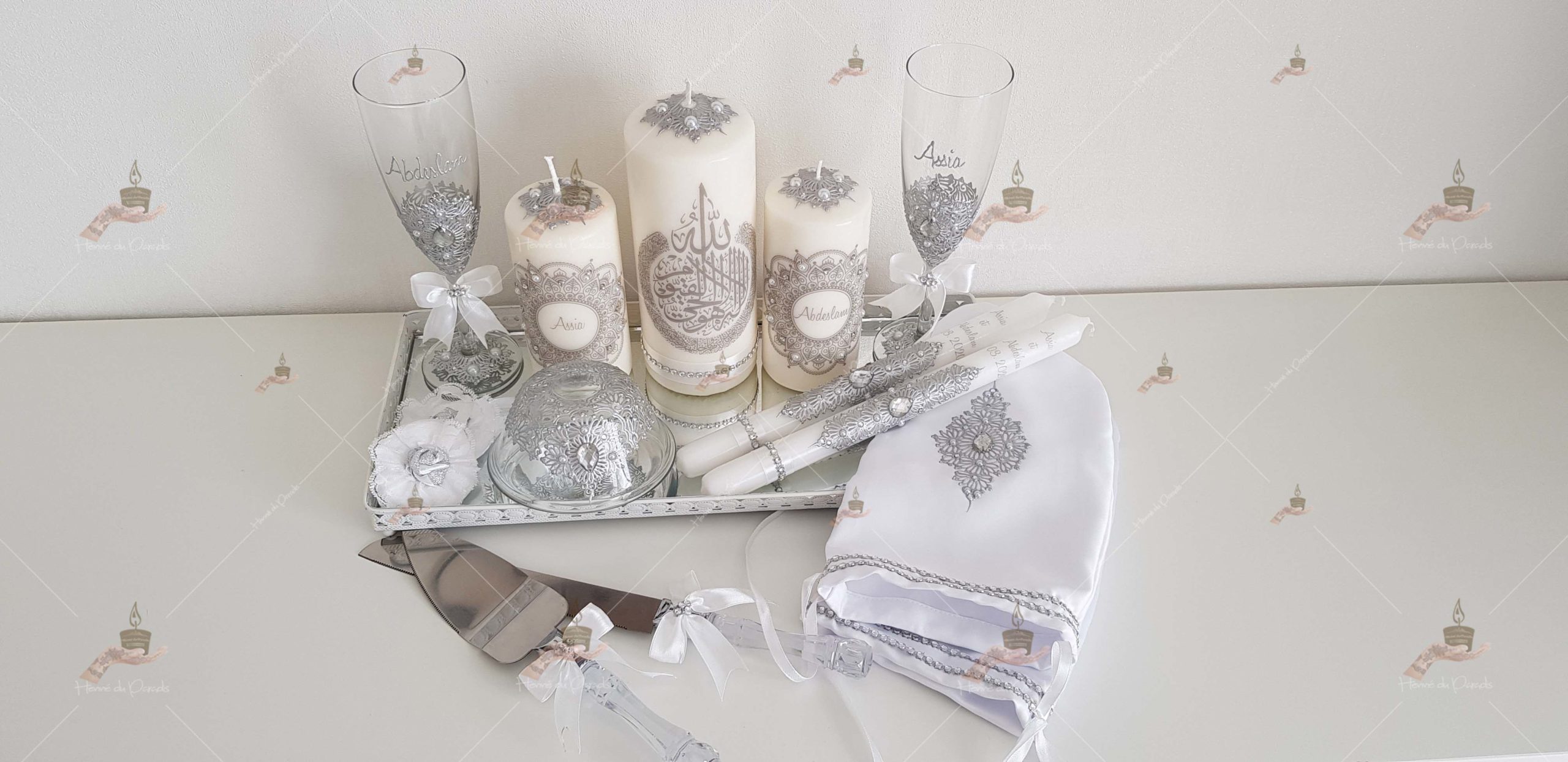 coffret mariés, mariée, bougie, henna, henné, fiançailles, hlel, mariage, paris, 78, île-de-france, idf, kit, plateau, candels, wedding, day, gants, coton, cérémonie, panier, coussin, urne, personnalisation, personnalisé