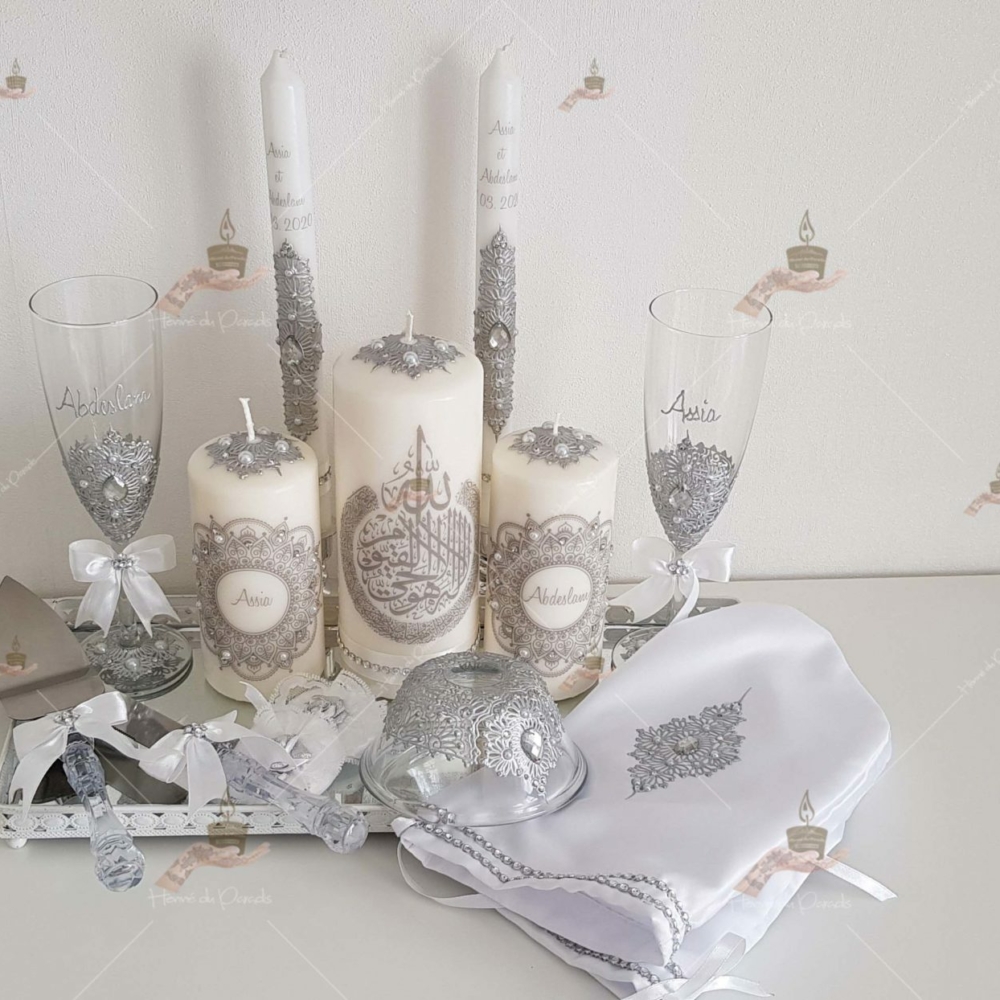 kit coffret pas cher décoration bougie cierge personnalisée prénom déco coussin alliance urne pelle couteau ile-de-France coton pack personnalisation prix panier complet plateau fête envoie france