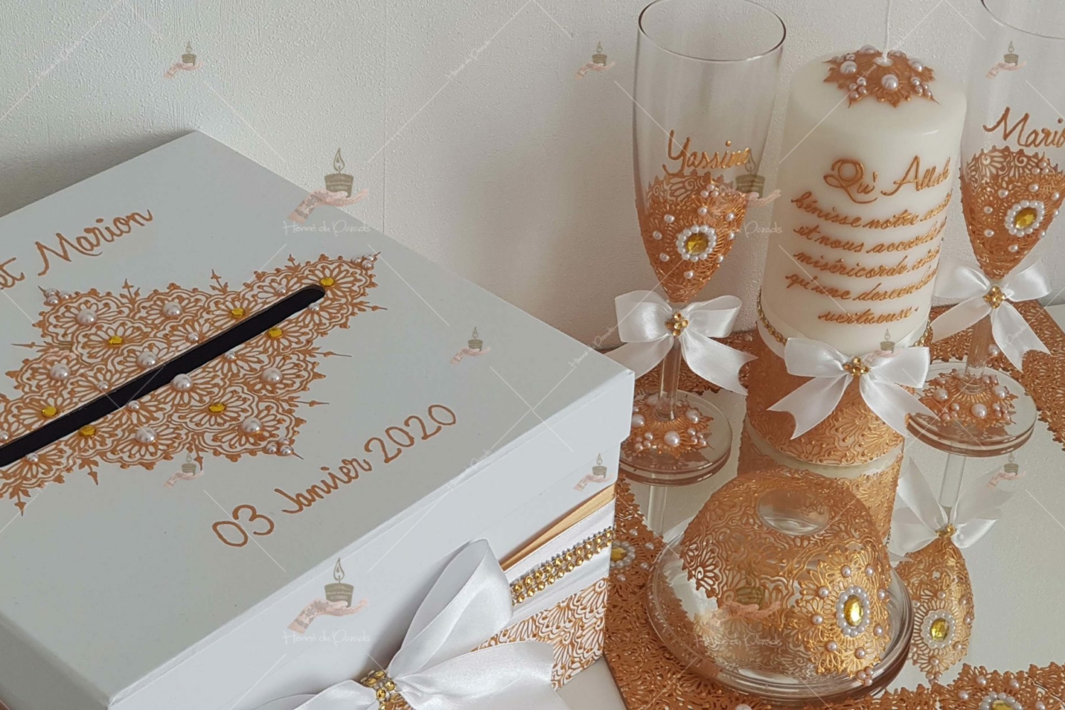 coffret mariés, mariée, bougie, henna, henné, fiançailles, hlel, mariage, paris, 78, île-de-france, idf, kit, plateau, candels, wedding, day, gants, coton, cérémonie, panier, coussin, urne, personnalisation, personnalisé