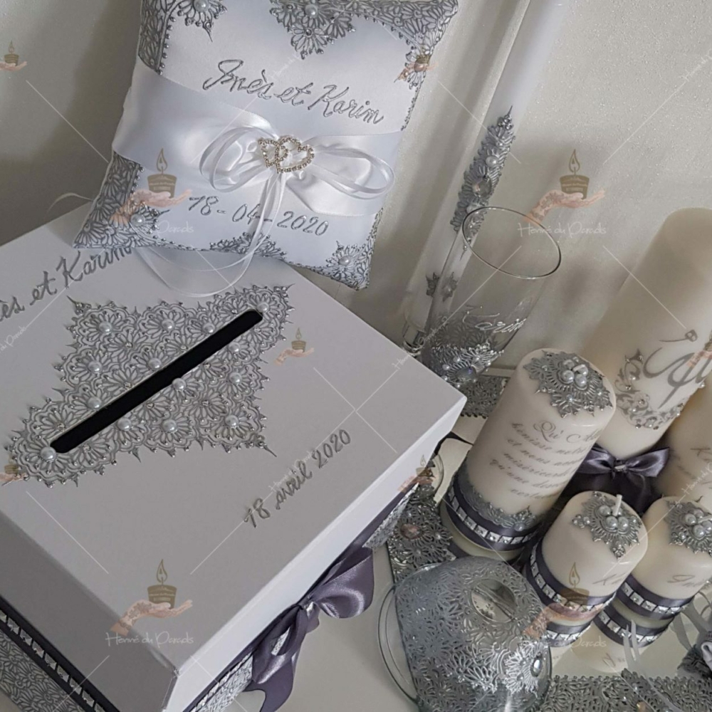 coffret mariés, mariée, bougie, henna, henné, fiançailles, hlel, mariage, paris, 78, île-de-france, idf, kit, plateau, candels, wedding, day, gants, coton, cérémonie, panier, coussin, urne, personnalisation, personnalisé