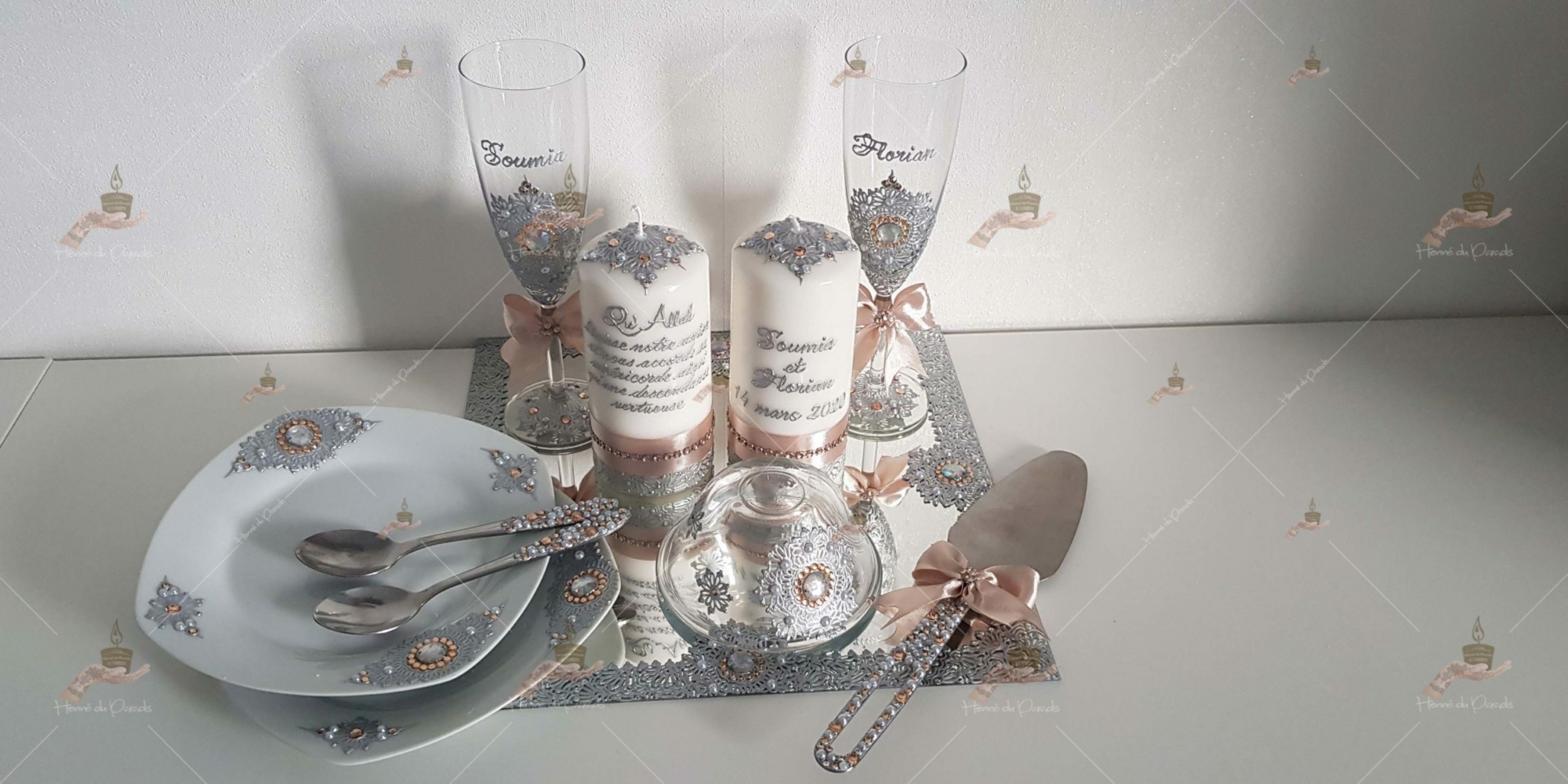 kit coffret pas cher décoration bougie cierge personnalisée prénom déco coussin alliance urne pelle couteau ile-de-France coton pack personnalisation prix panier complet plateau fête envoie france