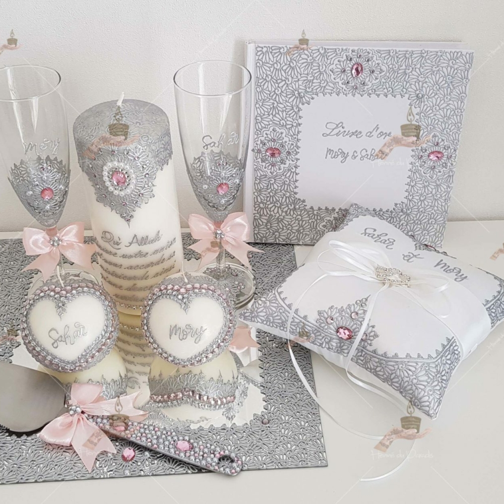 kit coffret pas cher décoration bougie cierge personnalisée prénom déco coussin alliance urne pelle couteau ile-de-France coton pack personnalisation prix panier complet plateau fête envoie france