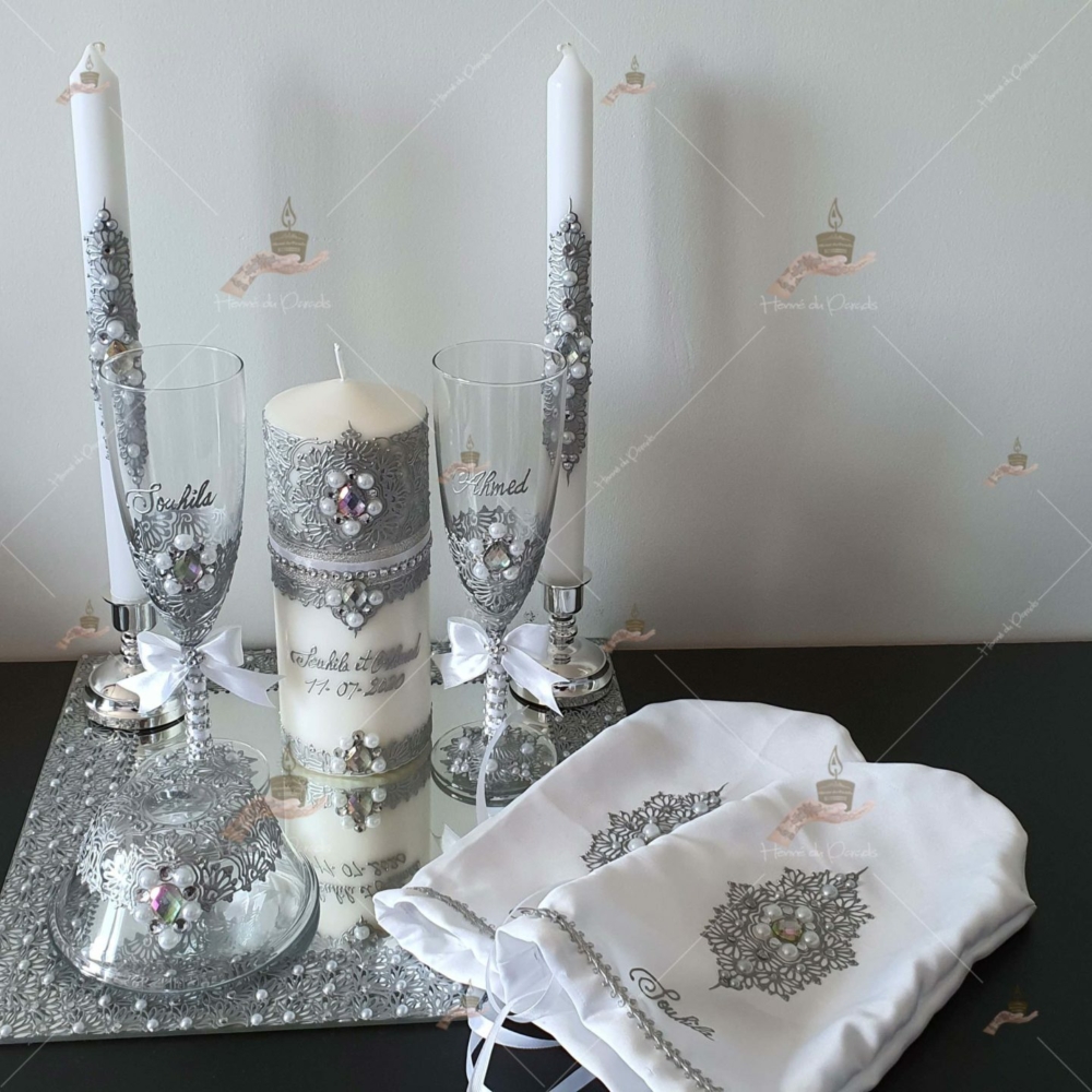 coffret mariés, mariée, bougie, henna, henné, fiançailles, hlel, mariage, paris, 78, île-de-france, idf, kit, plateau, candels, wedding, day, gants, coton, cérémonie, panier, coussin, urne, personnalisation, personnalisé
