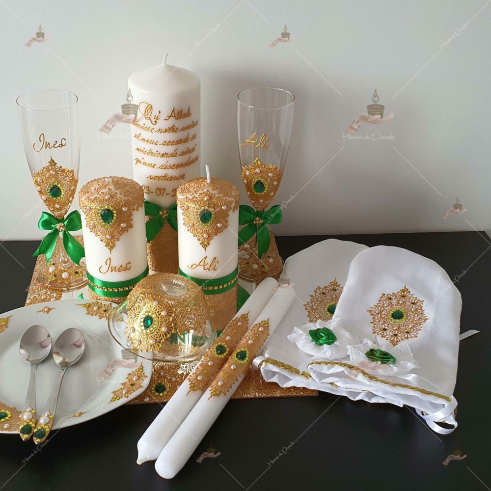 coffret mariés, mariée, bougie, henna, henné, fiançailles, hlel, mariage, paris, 78, île-de-france, idf, kit, plateau, candels, wedding, day, gants, coton, cérémonie, panier, coussin, urne, personnalisation, personnalisé