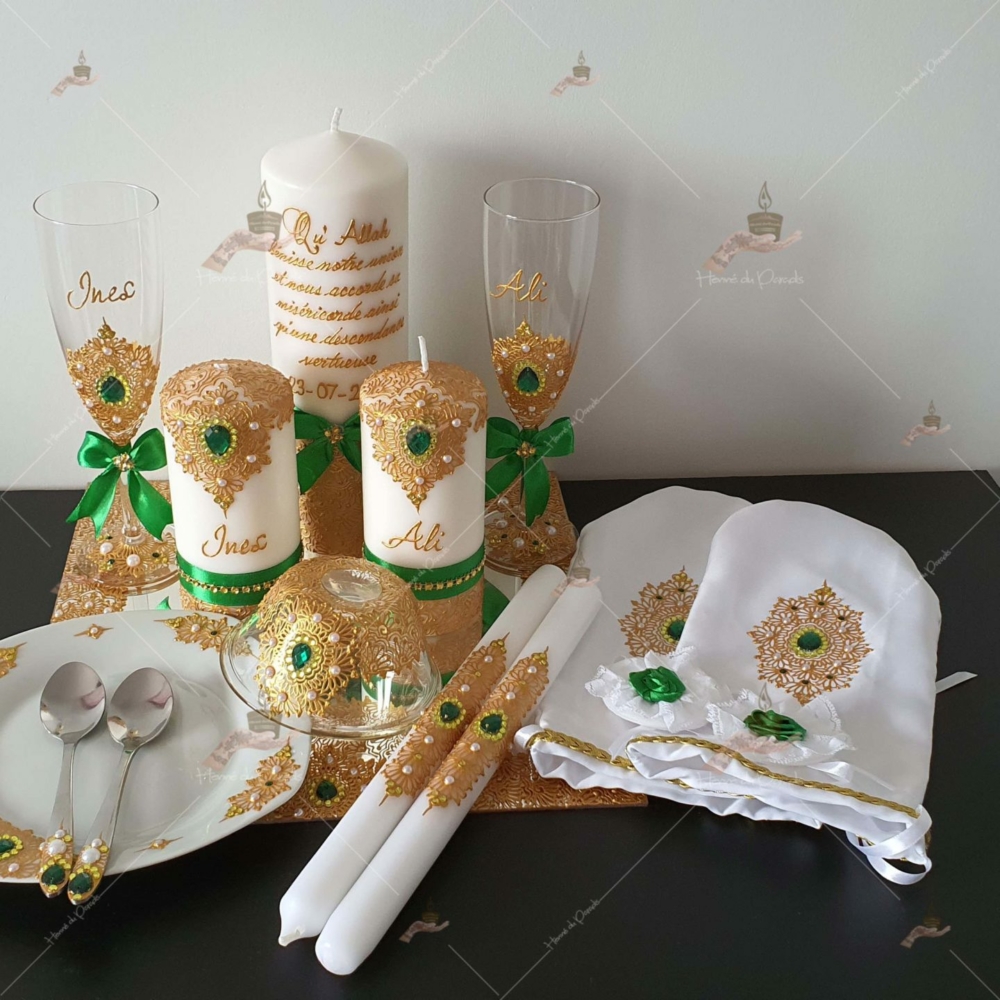 kit coffret pas cher décoration bougie cierge personnalisée prénom déco coussin alliance urne pelle couteau ile-de-France coton pack personnalisation prix panier complet plateau fête envoie france