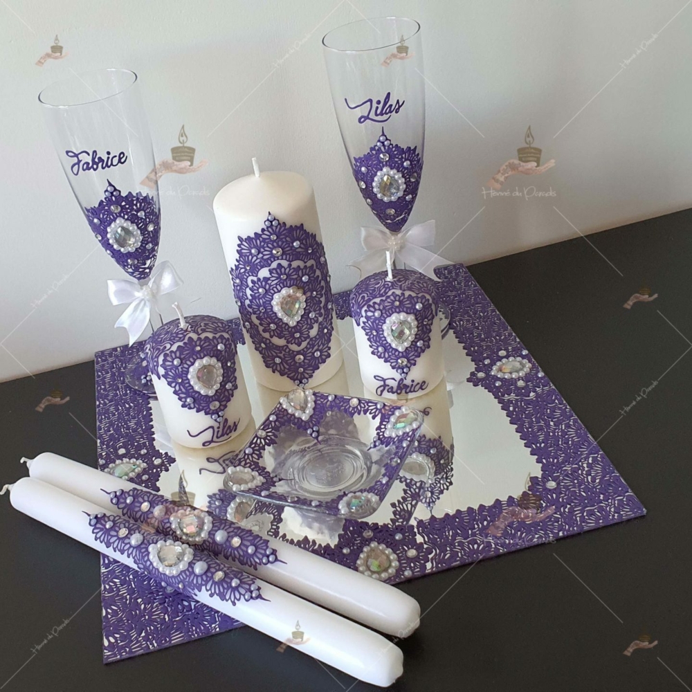 kit coffret pas cher décoration bougie cierge personnalisée prénom déco coussin alliance urne pelle couteau ile-de-France coton pack personnalisation prix panier complet plateau fête envoie france