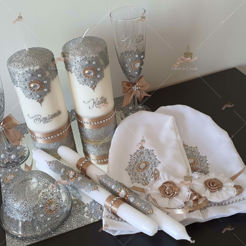 kit coffret pas cher décoration bougie cierge personnalisée prénom déco coussin alliance urne pelle couteau ile-de-France coton pack personnalisation prix panier complet plateau fête envoie france