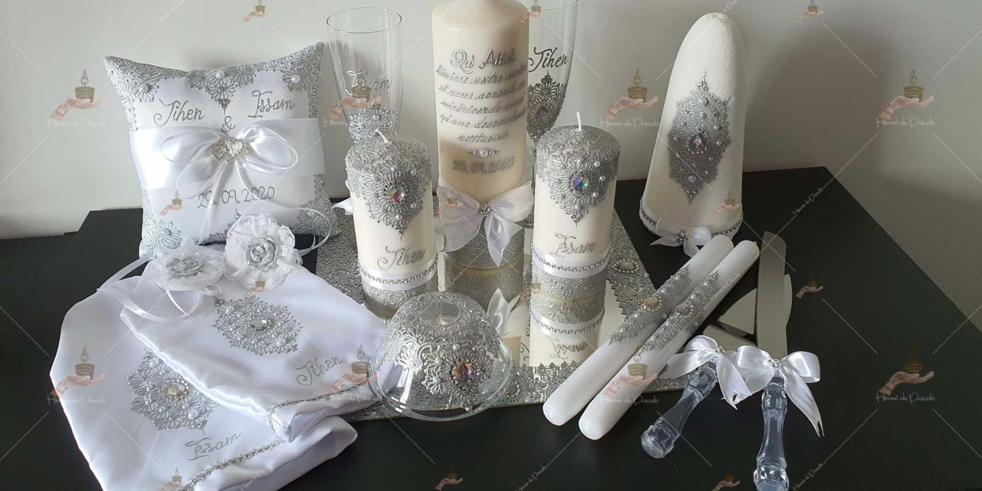 coffret mariés, mariée, bougie, henna, henné, fiançailles, hlel, mariage, paris, 78, île-de-france, idf, kit, plateau, candels, wedding, day, gants, coton, cérémonie, panier, coussin, urne, personnalisation, personnalisé