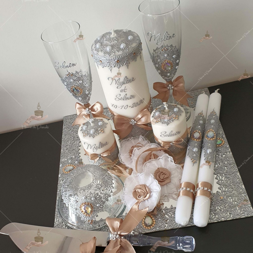 kit coffret pas cher décoration bougie cierge personnalisée prénom déco coussin alliance urne pelle couteau ile-de-France coton pack personnalisation prix panier complet plateau fête envoie france