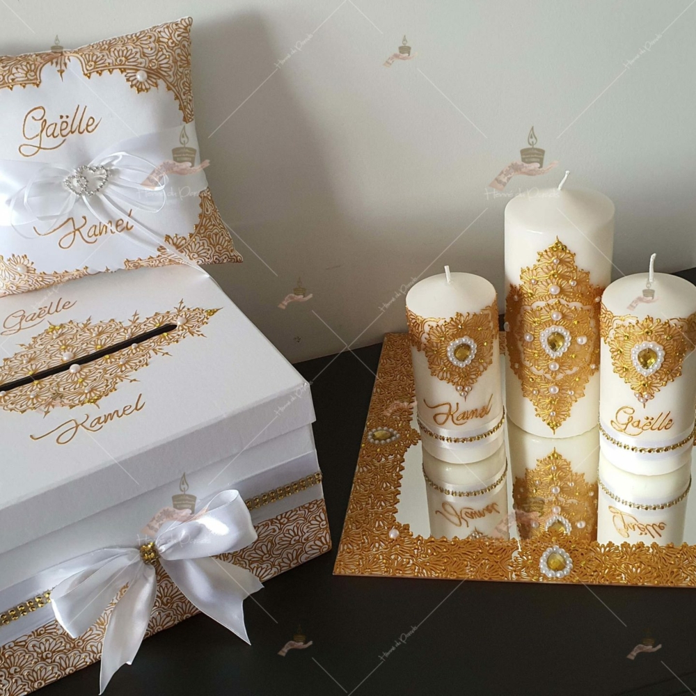 coffret mariés, mariée, bougie, henna, henné, fiançailles, hlel, mariage, paris, 78, île-de-france, idf, kit, plateau, candels, wedding, day, gants, coton, cérémonie, panier, coussin, urne, personnalisation, personnalisé