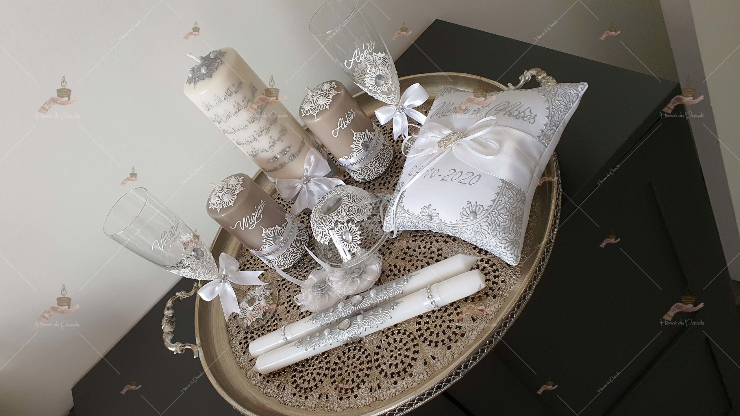 coffret mariés, mariée, bougie, henna, henné, fiançailles, hlel, mariage, paris, 78, île-de-france, idf, kit, plateau, candels, wedding, day, gants, coton, cérémonie, panier, coussin, urne, personnalisation, personnalisé