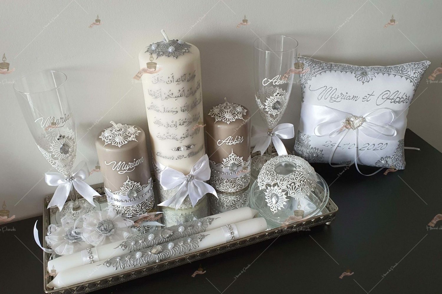 coffret mariés, mariée, bougie, henna, henné, fiançailles, hlel, mariage, paris, 78, île-de-france, idf, kit, plateau, candels, wedding, day, gants, coton, cérémonie, panier, coussin, urne, personnalisation, personnalisé