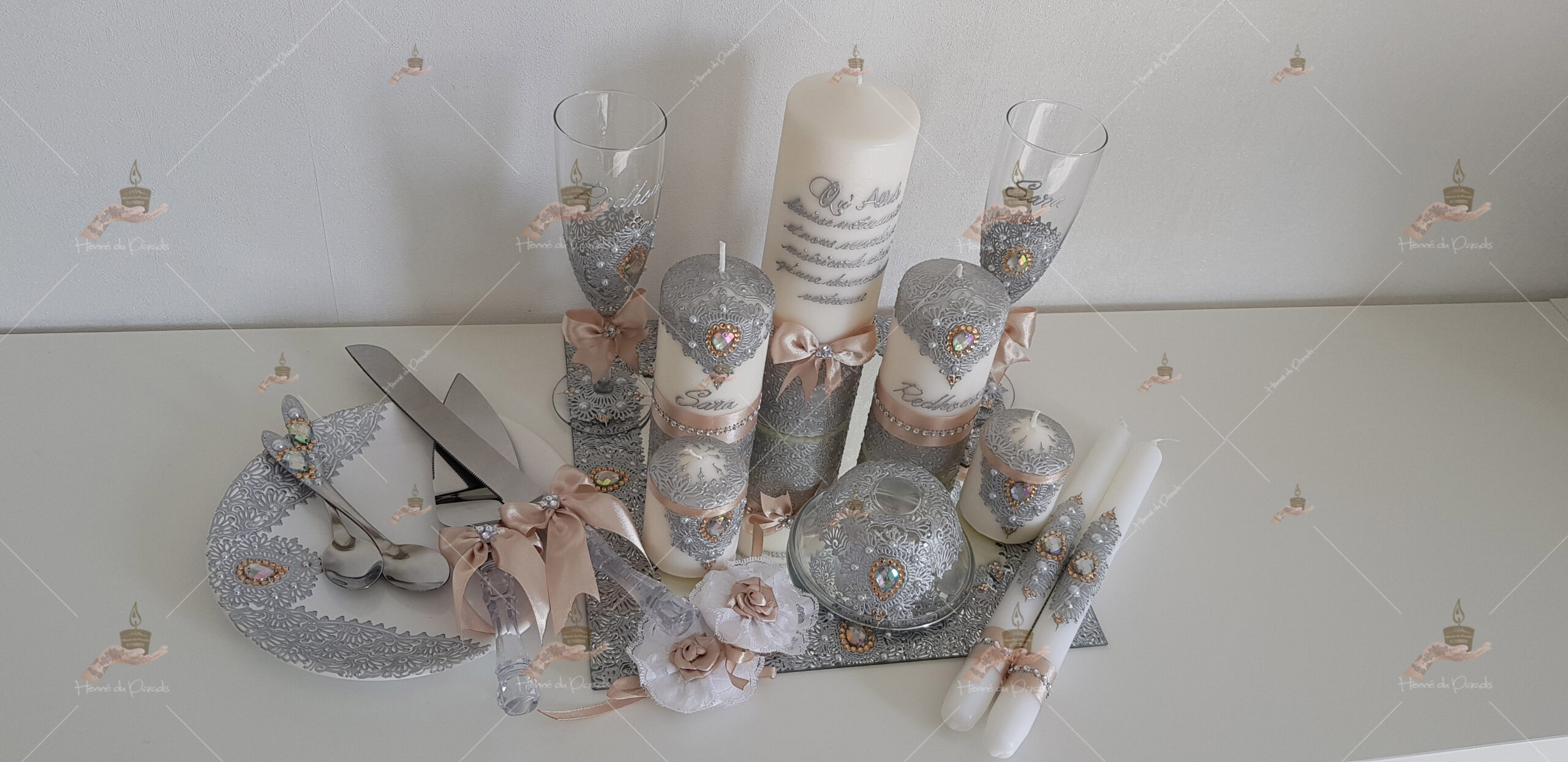 coffret mariés, mariée, bougie, henna, henné, fiançailles, hlel, mariage, paris, 78, île-de-france, idf, kit, plateau, candels, wedding, day, gants, coton, cérémonie, panier, coussin, urne, personnalisation, personnalisé