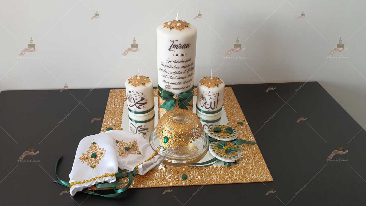 Coffret circoncision bougie cadre bol henna gants coton plateau naissance kit pas cher décoration cierge personnalisée prénom ile-de-France paris personnalisation garçon thème fête cadeau envoie France