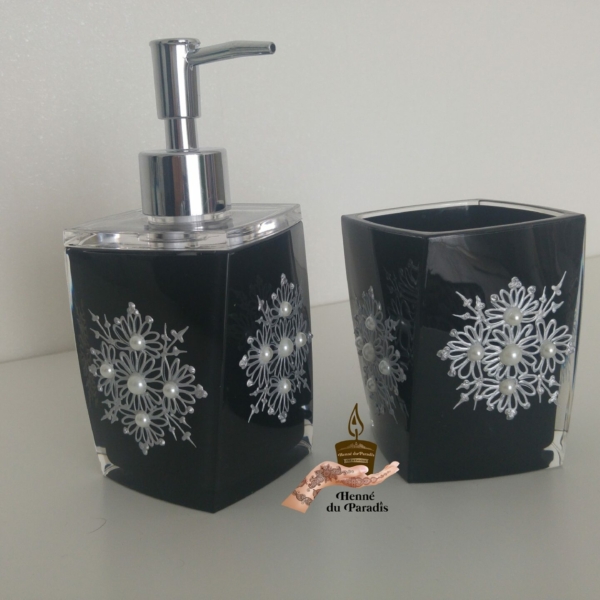 Accessoires salle de bain Set 2 pièces distributeur savon et gobelet brosse à dent noir et argenté