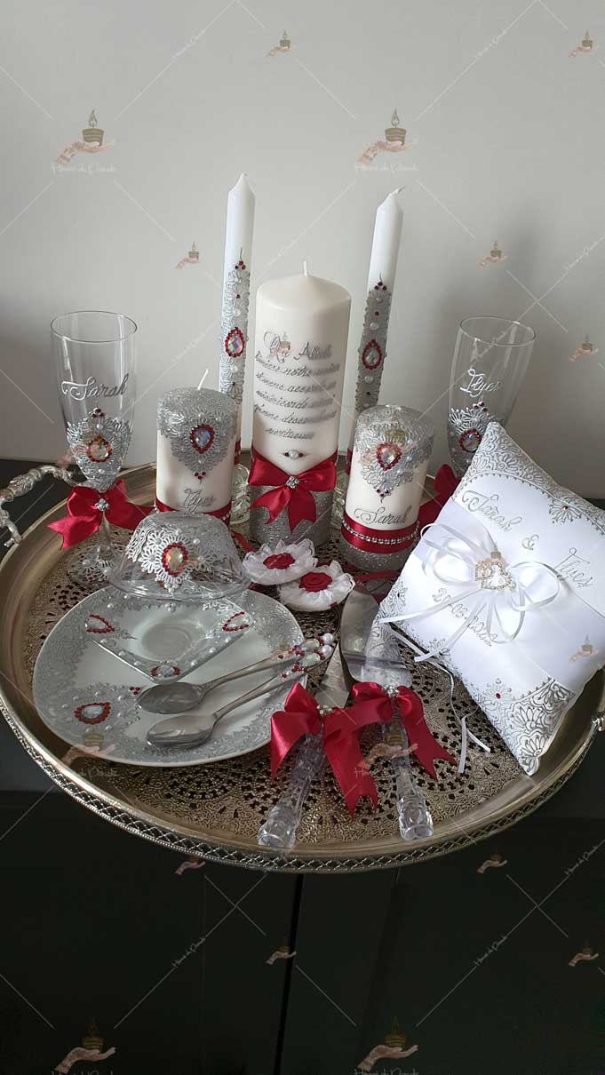 kit coffret pas cher décoration bougie cierge personnalisée prénom déco coussin alliance urne pelle couteau ile-de-France coton pack personnalisation prix panier complet plateau fête envoie france