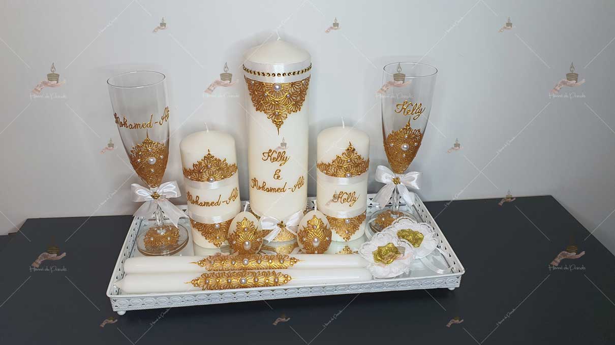 kit coffret pas cher décoration bougie cierge personnalisée prénom déco coussin alliance urne pelle couteau ile-de-France coton pack personnalisation prix panier complet plateau fête envoie france