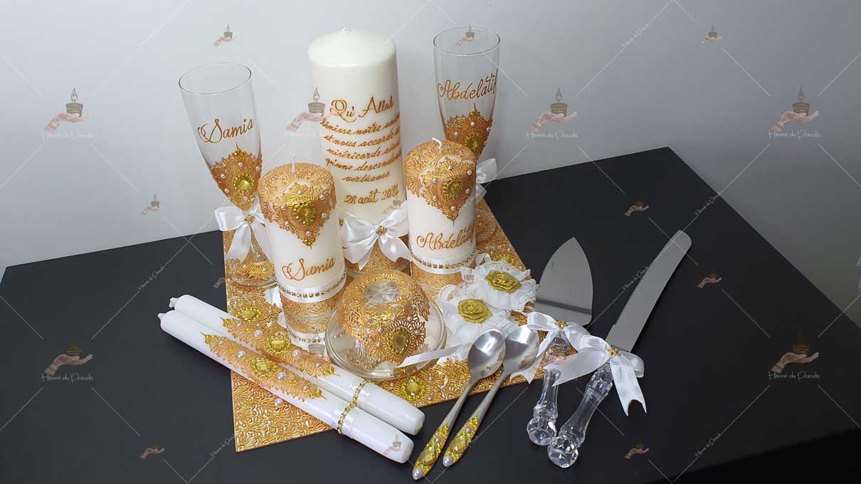 kit coffret pas cher décoration bougie cierge personnalisée prénom déco coussin alliance urne pelle couteau ile-de-France coton pack personnalisation prix panier complet plateau fête envoie france