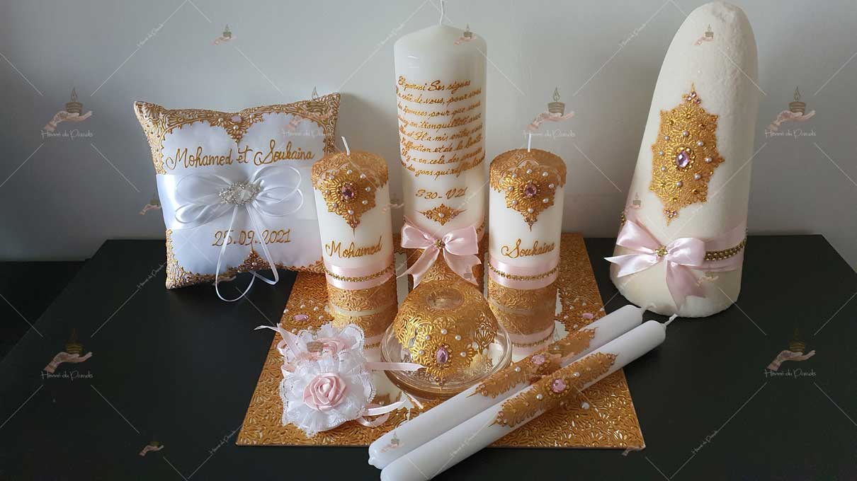 kit coffret pas cher décoration bougie cierge personnalisée prénom déco coussin alliance urne pelle couteau ile-de-France coton pack personnalisation prix panier complet plateau fête envoie france