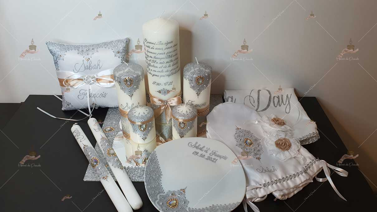 kit coffret pas cher décoration bougie cierge personnalisée prénom déco coussin alliance urne pelle couteau ile-de-France coton pack personnalisation prix panier complet plateau fête envoie france