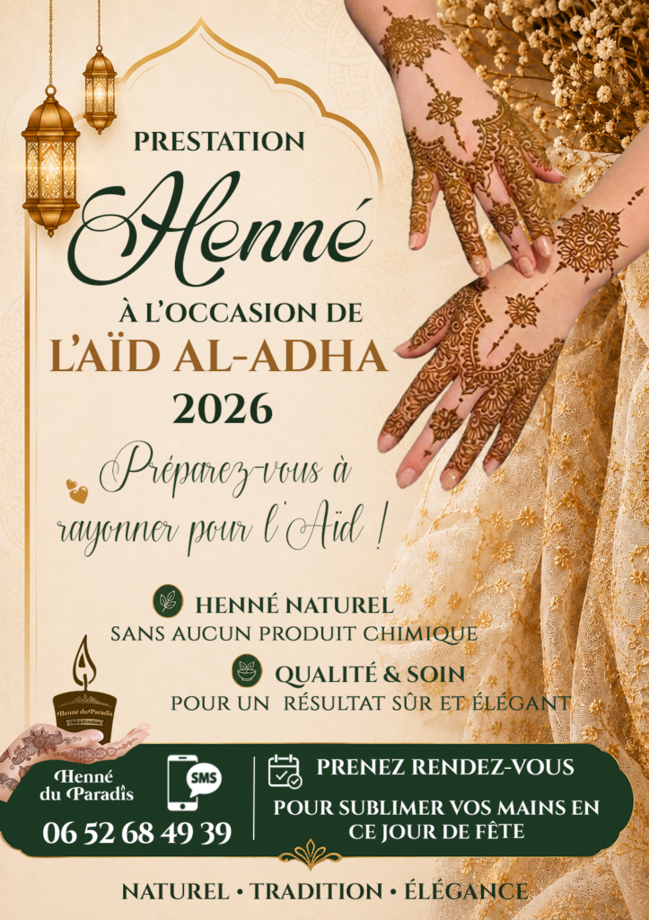 Henné Aïd al-Adha 2026 aux Mureaux (78) – Henné naturel sur rendez-vous